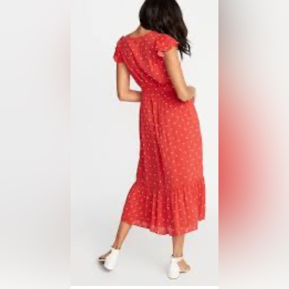 Old Navy Size M Red Halter Maxi Dress with Ruffled Tie Front V-Neck Cross Front - Picture 3 of 11